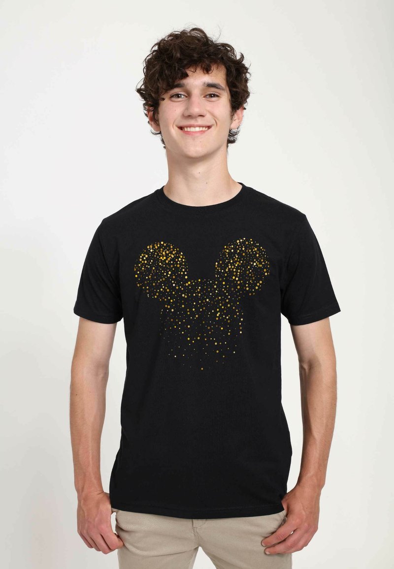 Černé tričko s designem ze zlatých teček, který připomíná siluetu Mickey Mouse na přední straně. Bavlněný materiál s klasickým kulatým výstřihem.