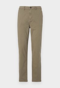 Olive green cotton chinos with a straight leg design, front button closure, and side pockets. Smooth texture and minimal detailing.