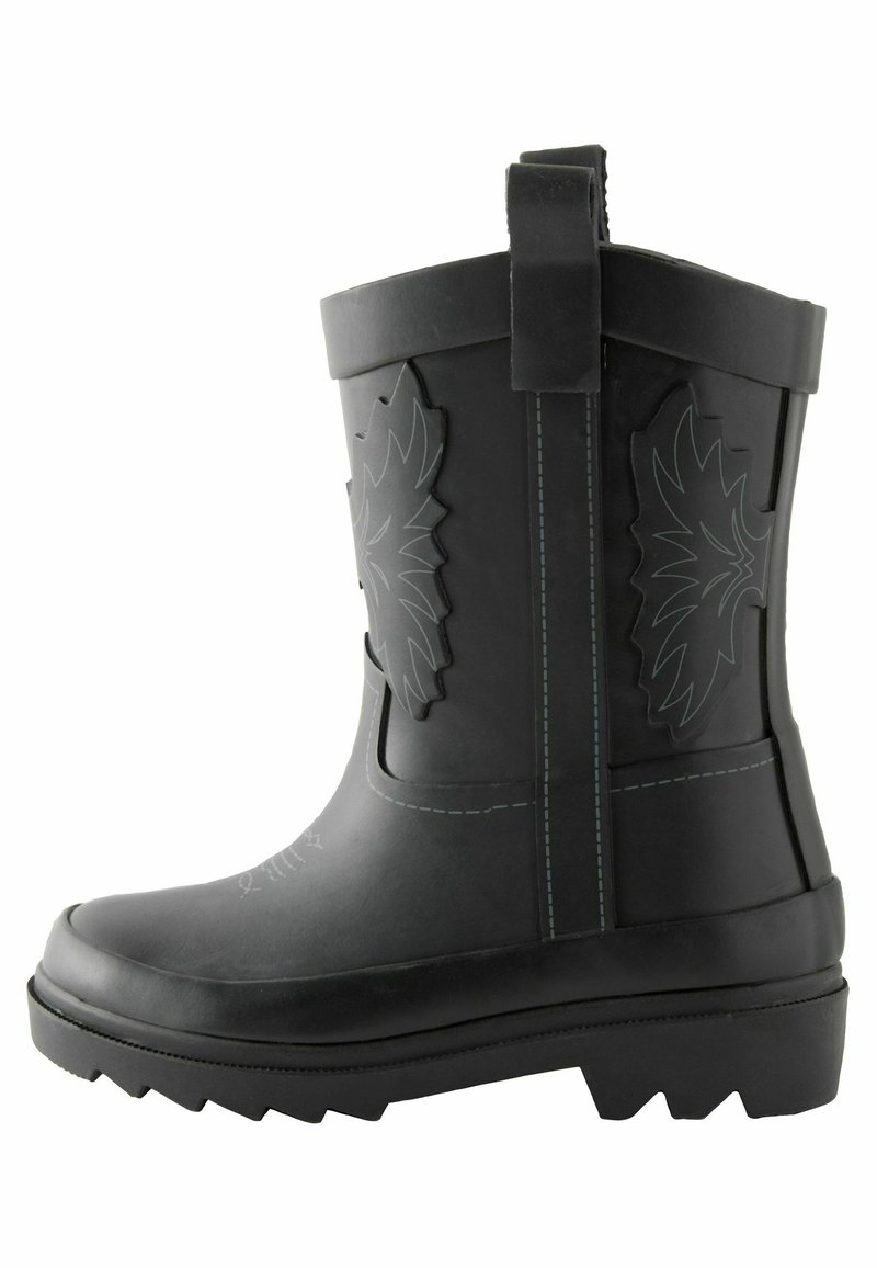 Bottes en caoutchouc noires avec un design texturé et des accents en relief. Équipées d'une languette à l'arrière et d'une semelle robuste et antidérapante.