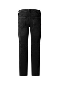 Čierne rifle z denimu zobrazené zozadu s dvoma zadnými vreckami a značkovou etiketu na páse.