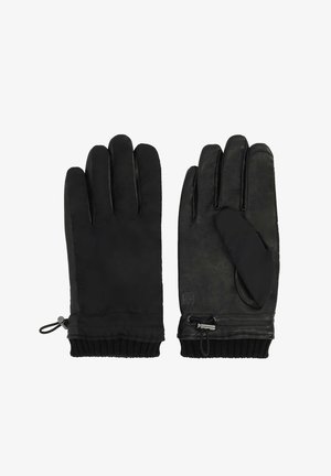 Zwarte handschoenen gemaakt van een zachte leer- en stoffenmix, voorzien van een gebreide boord, verstelbaar polskoord en een onderscheidend vingermodel.