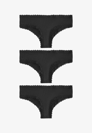 Tri páry čiernych nohavičiek s čipkovým lemovaním. Vyrobené z hladkého materiálu, s volánikmi na okrajoch a klasickým bikinovým strihom.