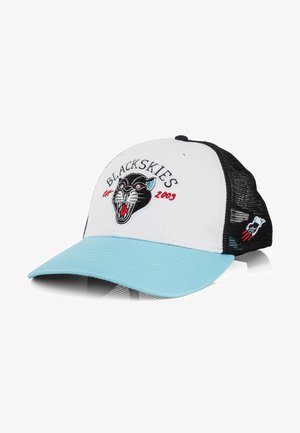 Weißer Baseball-Cap mit einem hellblauen Schirm und einem schwarzen Netzrücken. Verfügt über einen gestickten schwarzen Panther und den Text "BLACKSKIES 2009."