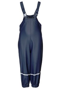 Overoles impermeables en color navy con tirantes ajustables, puños elásticos y una franja blanca reflectante en el dobladillo. Fabricados con un material duradero y suave.