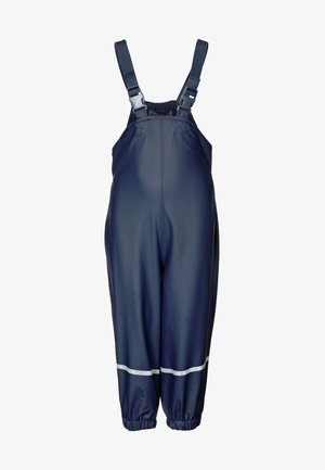 Macacões impermeáveis em azul-marinho com alças ajustáveis, punhos elásticos e faixa refletora branca na bainha. Feitos de material durável e suave.