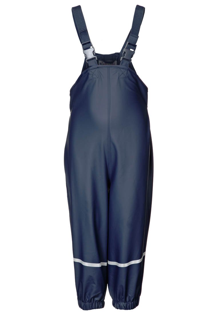 Overoles impermeables en color navy con tirantes ajustables, puños elásticos y una franja blanca reflectante en el dobladillo. Fabricados con un material duradero y suave.