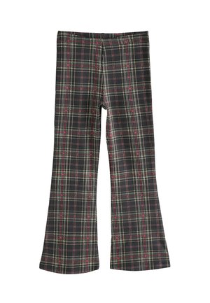Schwarze, ausgestellte Hosen mit einem Schottenmuster, das rote, gelbe und weiße Linien enthält. Hergestellt aus einem glatten Stoff mit einem elastischen Bund.