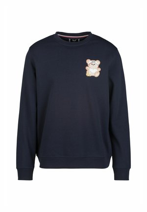 Marineblauwe sweatshirt van katoenmix, met een lichtgekleurde teddybeer geborduurd op de borst en geribde manchetten en onderrand.