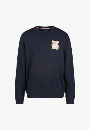 Marineblauwe sweatshirt van katoenmix, met een lichtgekleurde teddybeer geborduurd op de borst en geribde manchetten en onderrand.