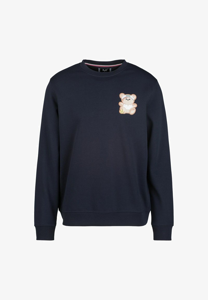 Marineblauwe sweatshirt van katoenmix, met een lichtgekleurde teddybeer geborduurd op de borst en geribde manchetten en onderrand.