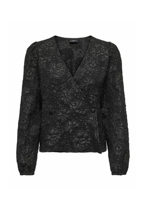 Zwarte blouse van bloemenkant met een V-hals, lange mouwen en een overslagontwerp. Voorzien van een gestructureerde stof en twee knopen aan de voorkant ter hoogte van de taille.