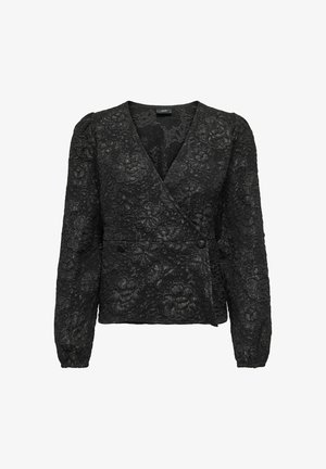 Zwarte blouse van bloemenkant met een V-hals, lange mouwen en een overslagontwerp. Voorzien van een gestructureerde stof en twee knopen aan de voorkant ter hoogte van de taille.