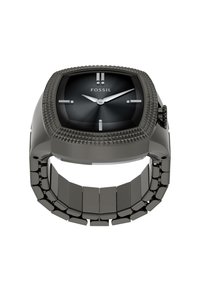Montre bracelet Fossil noire avec un cadran carré texturé, des index d'heure argentés et un bracelet en métal à maillons, affichant l'heure à 10:10:08.