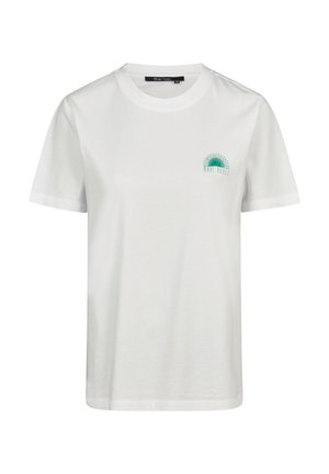 White short-sleeve T-shirt with round neckline featuring a small green sunburst graphic and "Marc Aurel" text on the left chest.