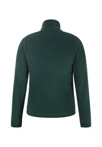 Pullover in pile verde scuro con colletto alto e maniche lunghe; texture morbida e design minimalista senza hardware o accenti visibili.