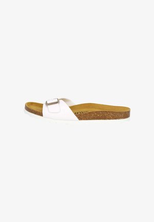 White flip-flop sandal with a buckle accent, cork footbed, and textured rubber sole. Minimalist design features a wide strap and contoured shape.