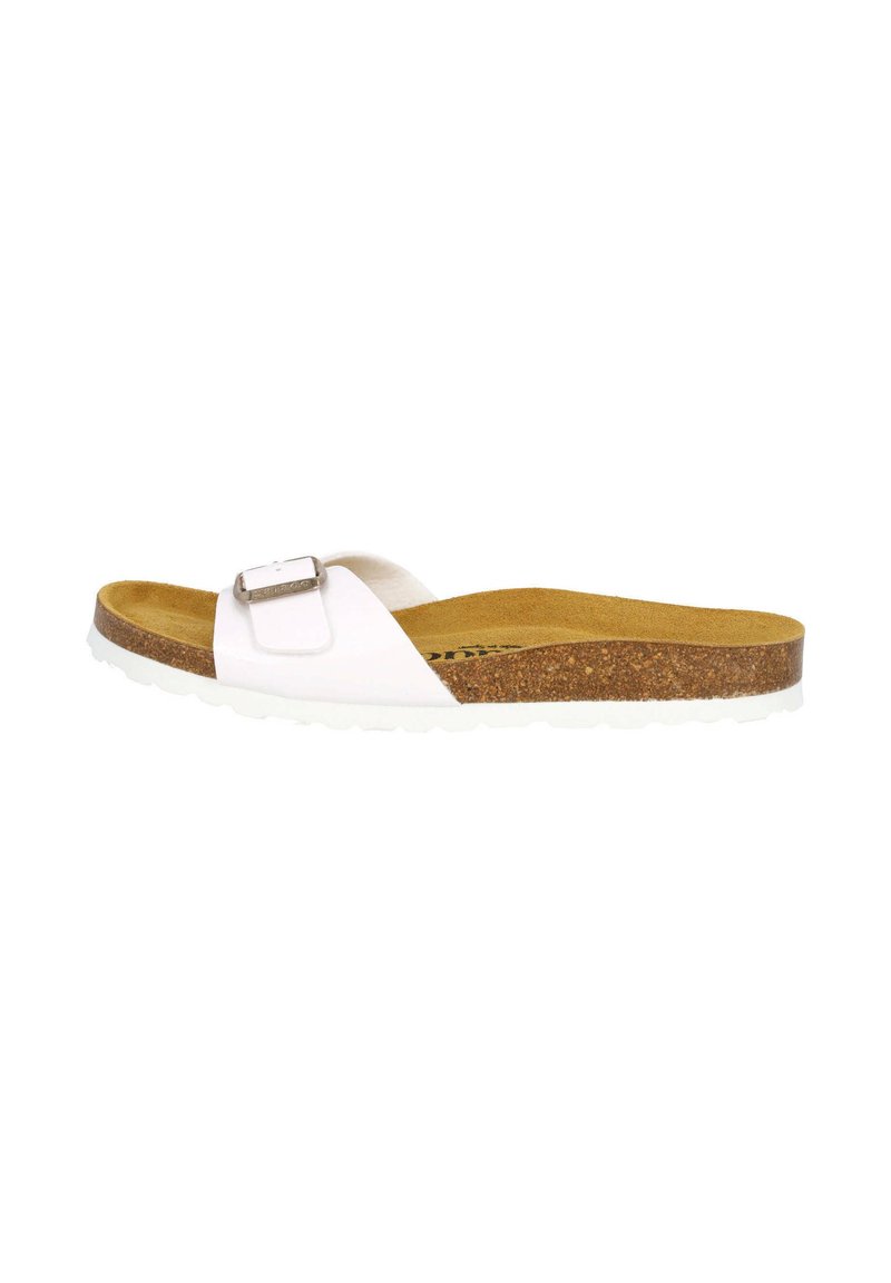Infradito bianchi con accento a fibbia, soletta in sughero e suola in gomma texturizzata. Il design minimalista presenta una larga fascia e una forma sagomata.