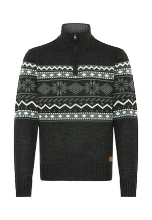 Dark gray zip-up sweater with a ribbed collar featuring a white and green geometric pattern across the chest. Soft knit material.