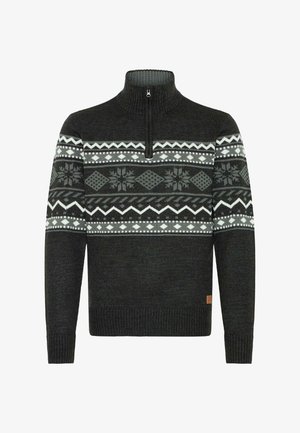 Tmavě šedá mikina na zip s ribbeným límcem, který má bílo-zelený geometrický vzor na hrudi. Měkký pletený materiál.