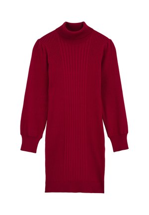 Robe en tricot côtelé rouge avec un col montant haut, des manches longues bouffantes et des poignets ajustés. Présente une silhouette droite et une finition texturée.