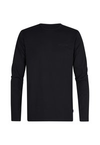 Zwarte longsleeve t-shirt van zachte stof. Heeft een ronde halslijn, aansluitende mouwen en een kleine logoprint nabij de borst.