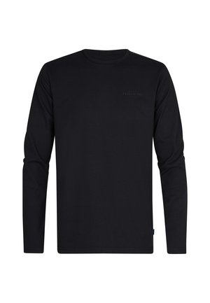 Zwarte longsleeve t-shirt van zachte stof. Heeft een ronde halslijn, aansluitende mouwen en een kleine logoprint nabij de borst.