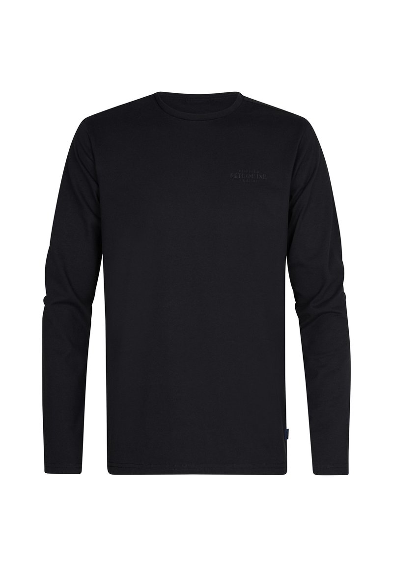 Zwarte longsleeve t-shirt van zachte stof. Heeft een ronde halslijn, aansluitende mouwen en een kleine logoprint nabij de borst.