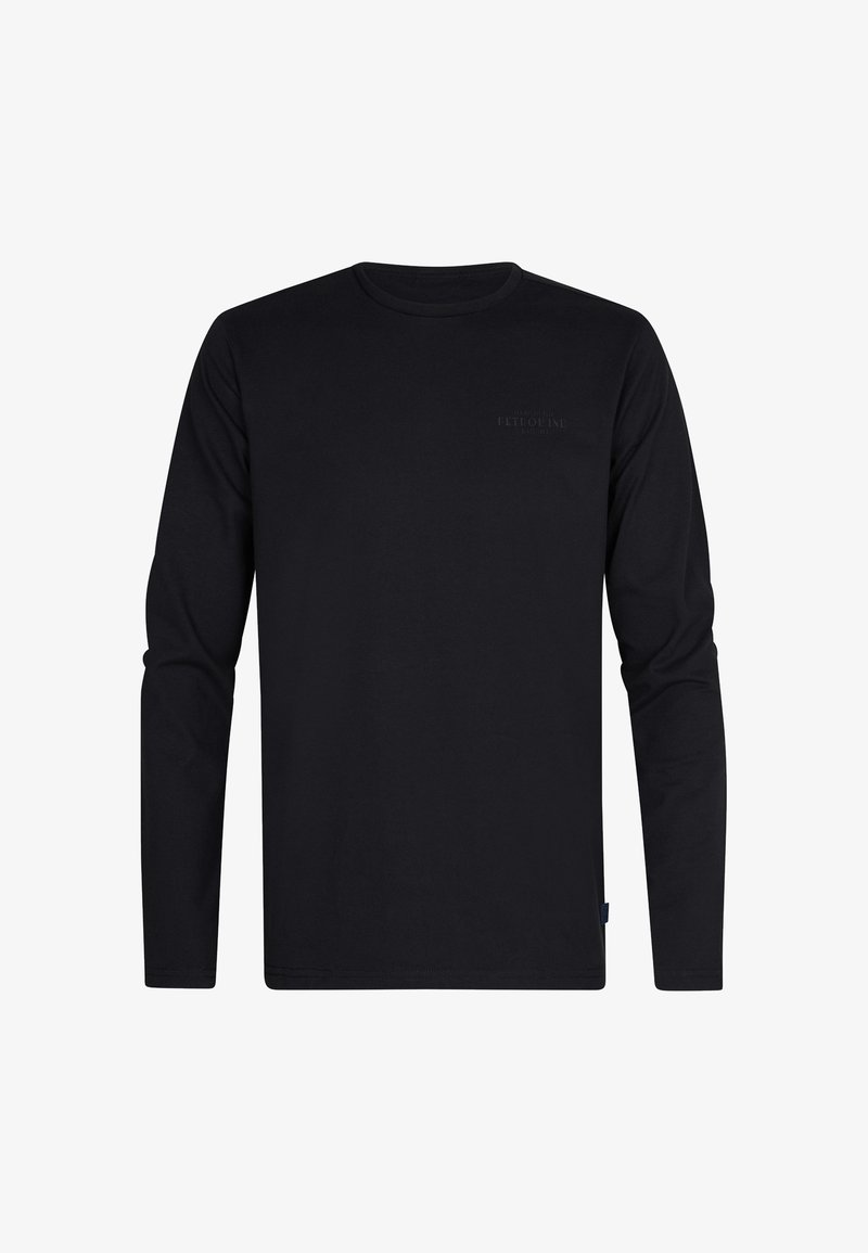 Zwarte longsleeve t-shirt van zachte stof. Heeft een ronde halslijn, aansluitende mouwen en een kleine logoprint nabij de borst.