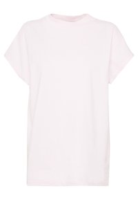 Rosa bomullströja med korta ärmar, rundad halsringning och en avslappnad passform. Slät textur och enkelt design, inga synliga mönster eller accenter.