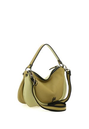 Borsa a mano in pelle verde bicolore con manico superiore e tracolla rimovibile, con chiusura a zip e logo discreto sul davanti.