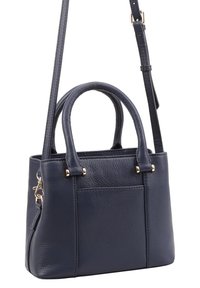 Oceaanblauwe leren handtas met dubbele handvatten en een afneembare schouderband. Bevat een voorste zak en accenten van goudkleurig hardware.