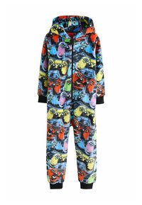 Kombinezon z kapturem z polaru, z wielokolorowym graficznym wzorem przedstawiającym kontrolery gier i postacie z kreskówek na czarnym tle.