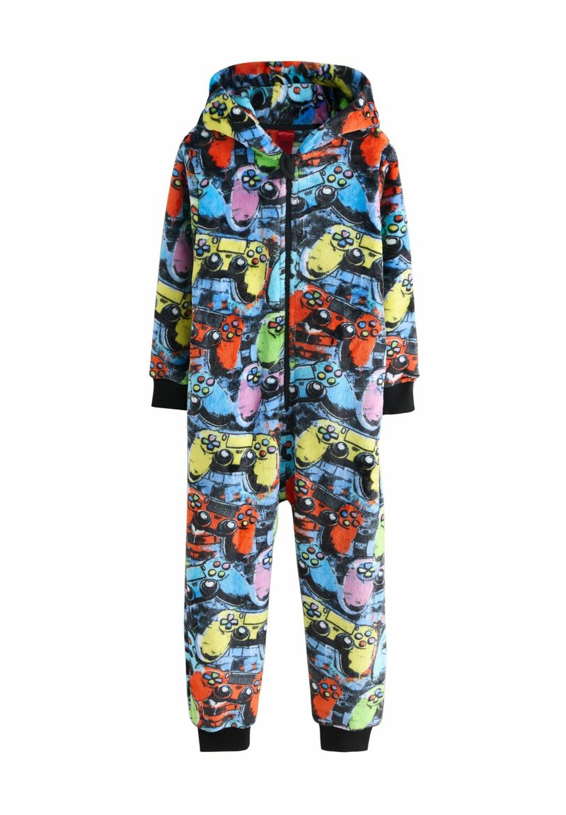 Kombinezon z kapturem z polaru, z wielokolorowym graficznym wzorem przedstawiającym kontrolery gier i postacie z kreskówek na czarnym tle.