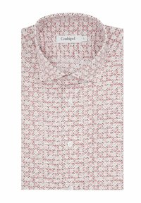 Geprint shirt in lichtroze en wit, met geometrische ontwerpen. Gemaakt van stof met een gladde textuur en een standaard kraag. Maat: L.