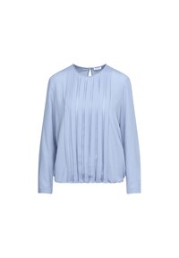 Blusa azzurro chiaro a maniche lunghe con scollo rotondo, decorata con pieghe verticali sulla parte frontale e un orlo leggermente arricciato. Tessuto morbido e liscio.