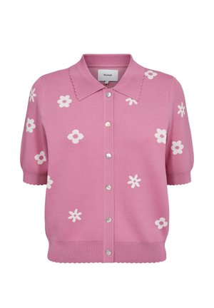 Short-sleeve pink cardigan with white floral patterns, scalloped collar, and buttons down the front. Knit texture with a relaxed fit.