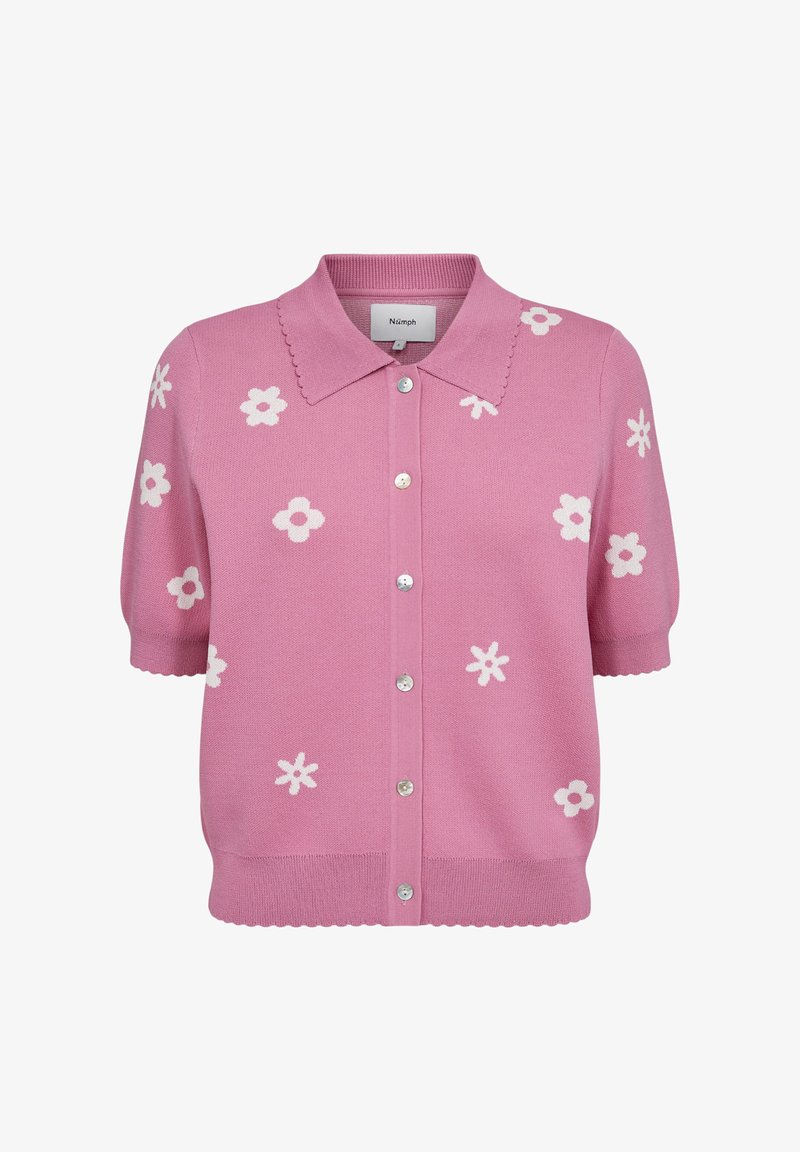 Kort roze vest met korte mouwen, witte bloemmotieven, een golfrandkraag en knopen aan de voorkant. Gebreide structuur met een losse pasvorm.