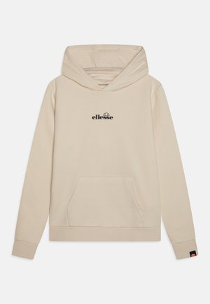 Beige hoodie gemaakt van zachte stof. Beschikt over een grote voorkant zak, ribbel cuffs en een zwart logo op de borst. Eenvoudig ontwerp.
