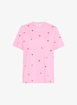 Rosa Baumwollt-shirt mit Rundhalsausschnitt und kurzen Ärmeln, verziert mit verstreuten roten Herzmustern über den gesamten Stoff.