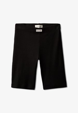 Schwarze, gerippte Stoff-Kniehosen mit elastischem Bund und zwei Calvin Klein Markenetiketten vorne.