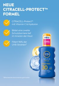 NIVEA Sun Schutz & Pflege SPF 30 sunscreen with Citracell-Protect™, Vitamin C, Hyaluron, quick-absorbing formula filtering 96% UVB rays.