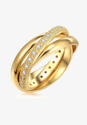 Trois anneaux en or entrelacés, un avec une surface lisse, un mat uni, et un orné de petits diamants ronds.