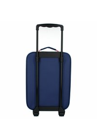 Marineblauwe hardcase koffer met zwarte uitschuifbare handgreep en wielen, met een gladde textuur en afgeronde hoeken.