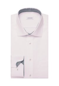 Hvid skjorte med klassisk krave. Har en mønstret detalje i mørkegrøn inden i kraven og manchetterne, fremhævet af hvide knapper.