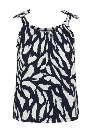Top sans manches à imprimé zèbre abstrait noir et blanc avec bretelles nouées aux épaules et encolure froncée.