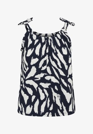 Top sans manches à imprimé zèbre abstrait noir et blanc avec bretelles nouées aux épaules et encolure froncée.