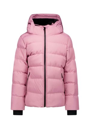 Pink quilted puffer jacket with hood, front zipper, side zippered pockets, and black inner wrist cuffs.