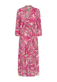 Hosszú rózsaszín ruha paisley mintával, ráncolt derékkal, V-nyakkal és hosszú ujjakkal. Könnyű anyagból készült, sima textúrával.