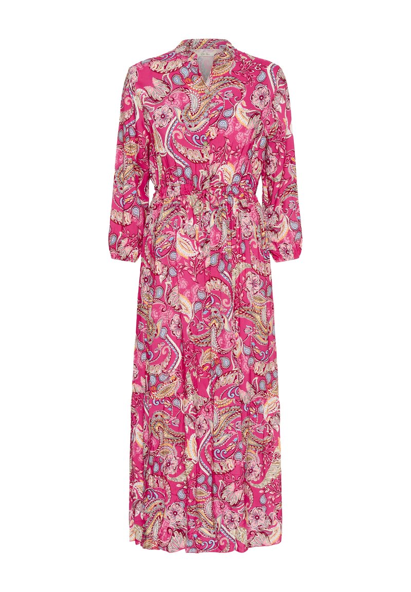 Hosszú rózsaszín ruha paisley mintával, ráncolt derékkal, V-nyakkal és hosszú ujjakkal. Könnyű anyagból készült, sima textúrával.