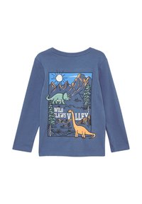 Blauwe lange mouwen T-shirt met een dinosaurusafbeelding, bergen en bomen. Het ontwerp bevat de tekst "WILD CLAWS VALLEY" in het wit.